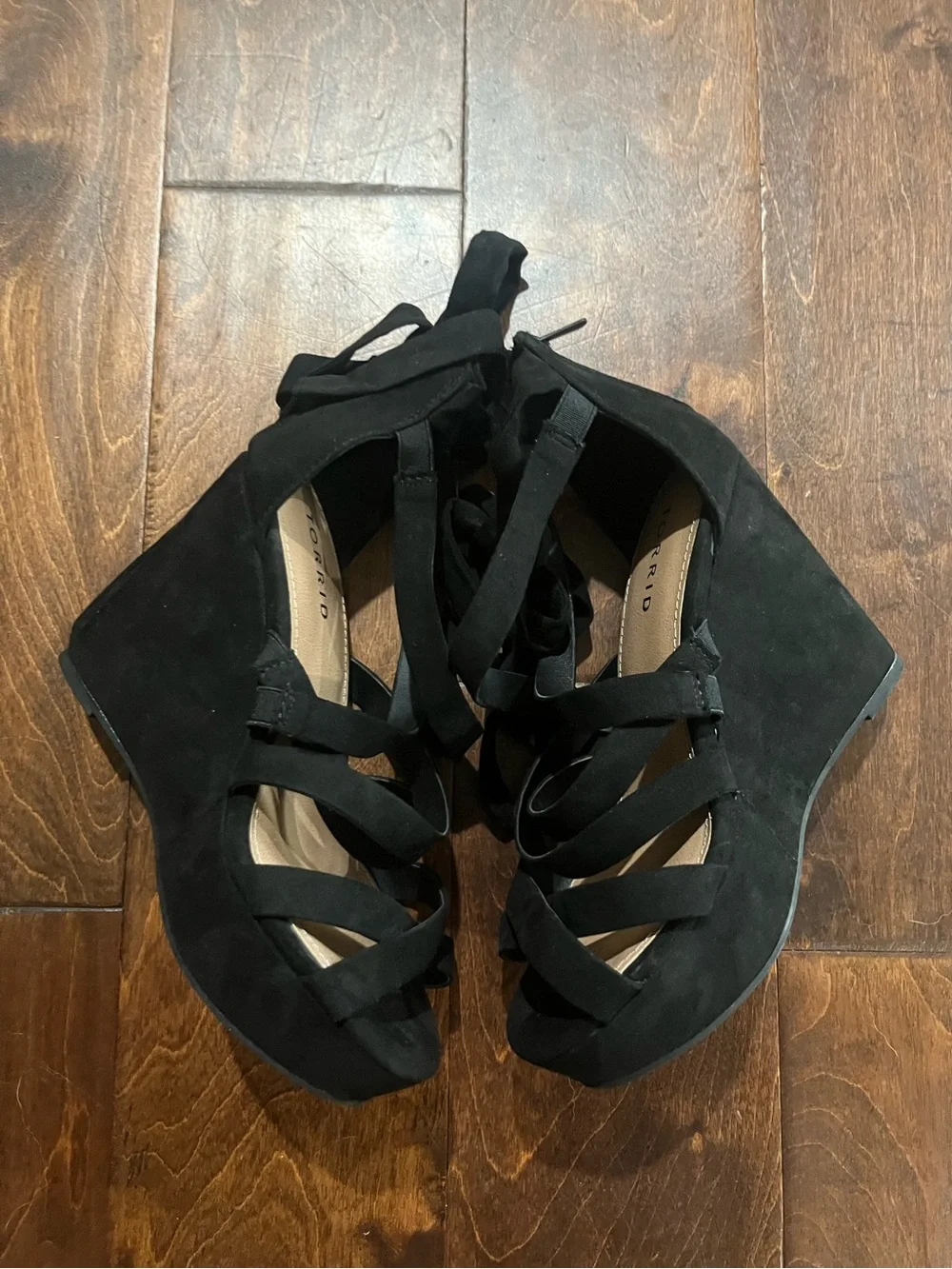 Torrid Black Suede Strappy Lace-Up Ankle-Wrap wedge sandals size WW 6.5